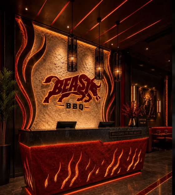 Restaurant reception with a halo-lit Beast BBQ logo on a textured wall and a backlit reception desk