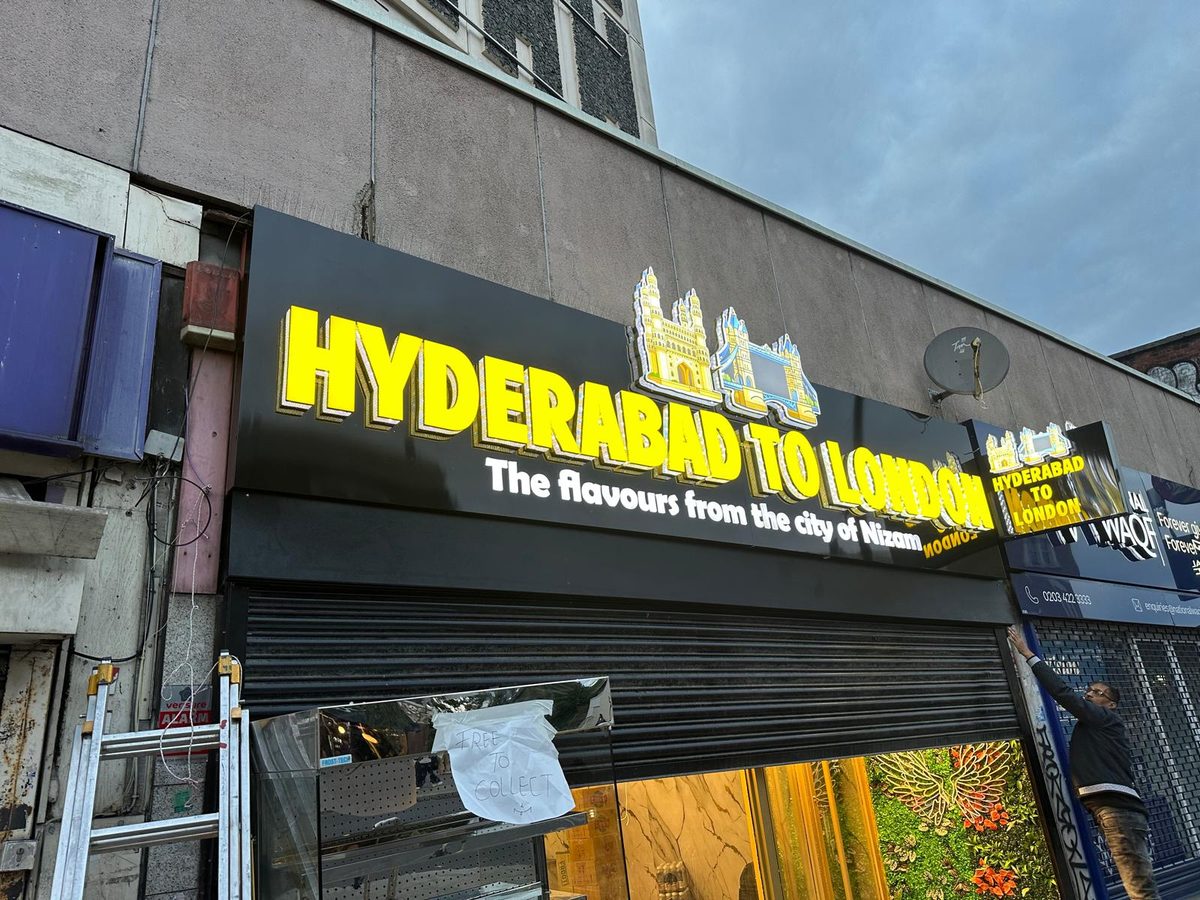 Hyderabad to London shopfront sign made and fitted by Sign & Print
