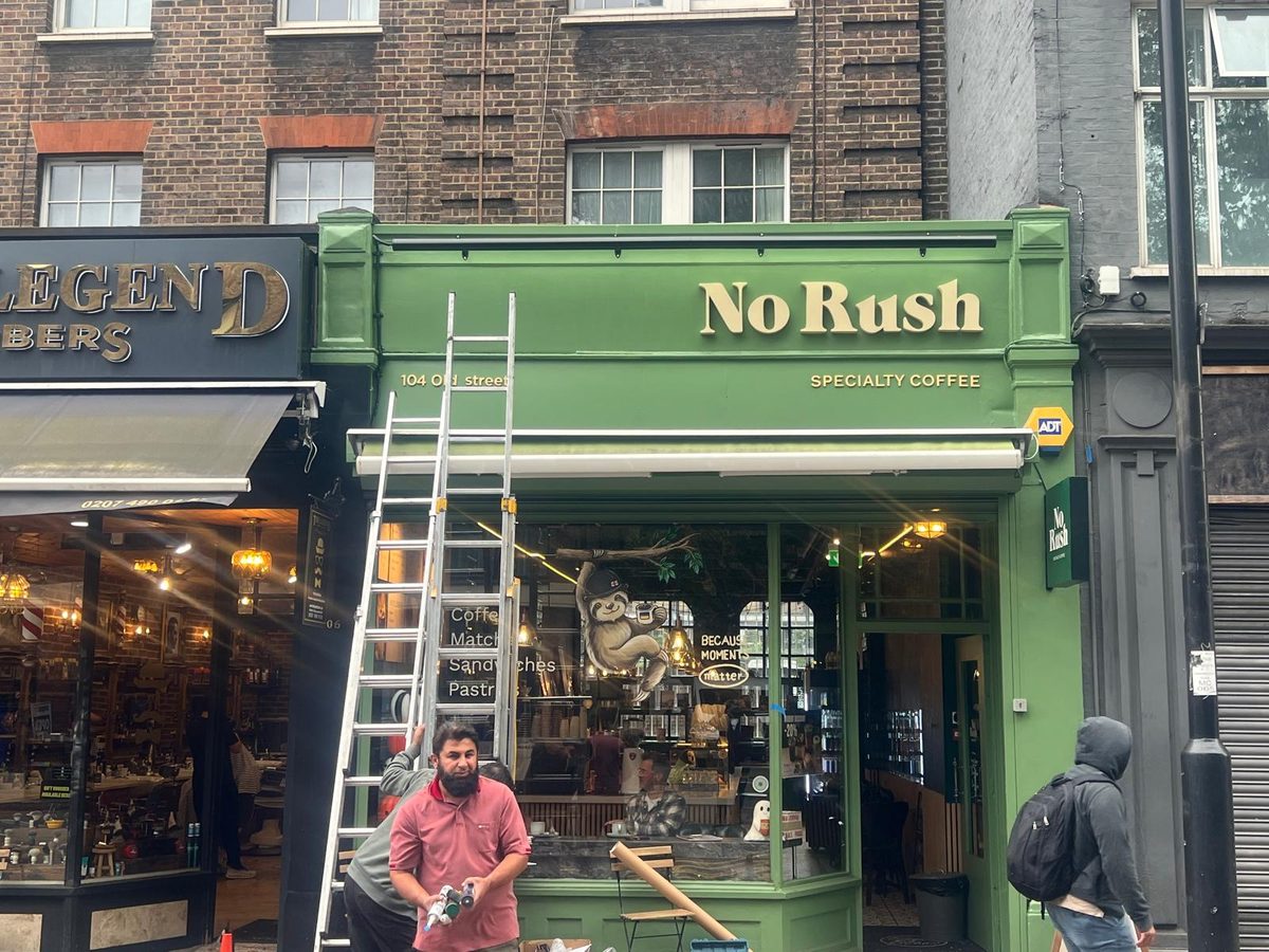 No Rush Coffee shopfront sign made and fitted by Sign & Print